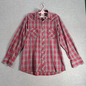 Frontier Men Button Up‎ Shirt Large Red Plaid Pearl Snap Western